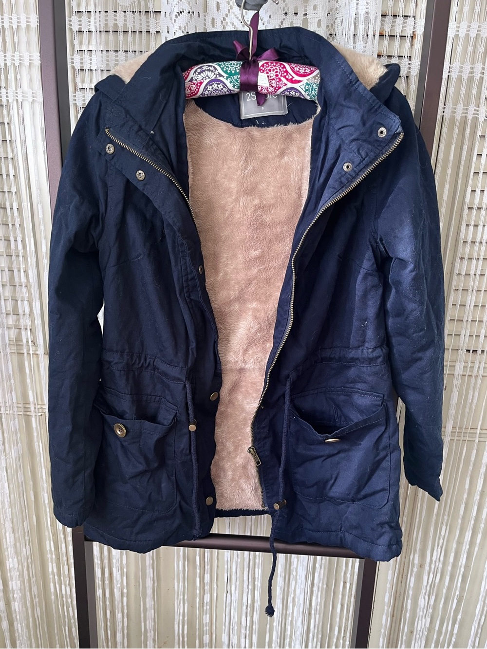 Women's Navy Utility Jacket with Faux-Fur Lining